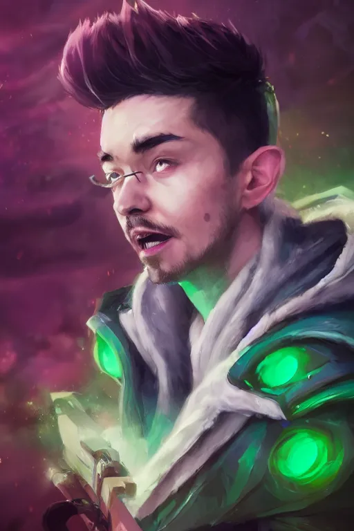 Image similar to a portrait of the YouTuber jacksepticeye in the style of league of legends by Greg Rutkowski, Sung Choi, Mitchell Mohrhauser, Maciej Kuciara, Johnson Ting, Maxim Verehin, Peter Konig, final fantasy , mythical, 8k photorealistic, cinematic lighting, HD, high details, atmospheric,