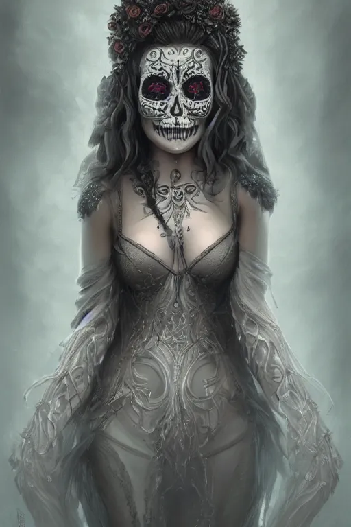 Image similar to ultra realist and ultra intricate detailed character concept art of a beautiful flirt muerte girl in a curvy long dress facing camera, symmetry features, sensual style, volumetric light and fog, fantasy background, artstation, Tom Bagshaw artstyle