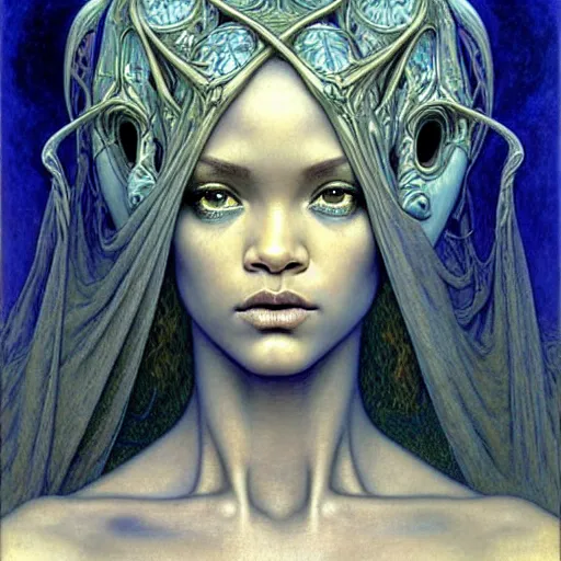 Image similar to detailed realistic beautiful young medieval alien robot rihanna face portrait by jean delville, gustave dore and marco mazzoni, art nouveau, symbolist, visionary, gothic, pre - raphaelite. horizontal symmetry by zdzisław beksinski, iris van herpen, raymond swanland and alphonse mucha. highly detailed, hyper - real, beautiful, fractal baroque