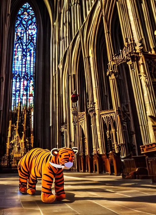 Prompt: photograph of tigger in a cathedral bouncing in rays of light