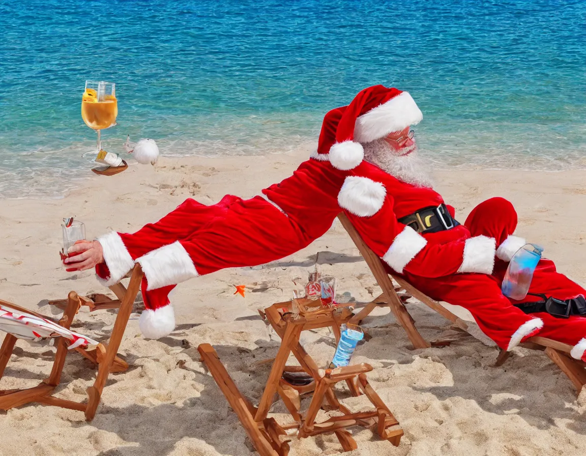 Prompt: photo of santa claus sunbathing on the exotic beach, sipping soda from glass using straw lying on deckchair, hd, hdr, ultra detailed, high resolution