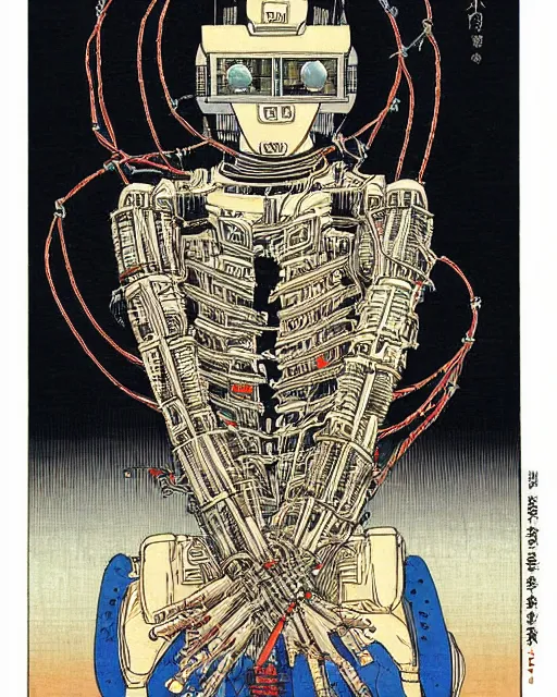 Image similar to Hiroshige portrait of a robot saint made of cables and robotic pod by Marc Silvestri