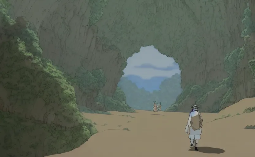 Image similar to a cell shaded movie still from a studio ghibli cartoon showing a highly detailed landscape with a giant living buddha statue marching through a valley in the desert. misty, depth perception, 4 k