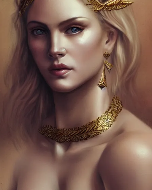 Image similar to tattoo sketch of blonde super model aphrodite greek goddess wearing a gold laurel wreath and triangle earrings, beautiful piercing gaze with sharp pupils, in the style of greg rutkowski, fantasy, amazing detail, epic, elegant, smooth, sharp focus, front view