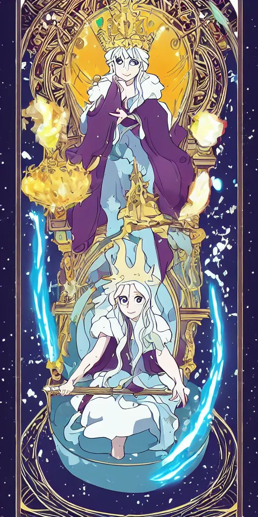 Image similar to a spiritual guru sitting on a throne of ice drawn by studio trigger, in the style of Little Witch Academia, spiritual enlightenment, tarot card