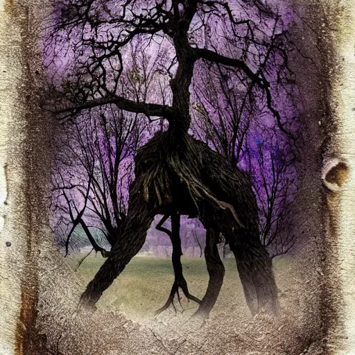 Prompt: tree monster in a beautiful meadow as the eye fairy princess in saturation color scheme, grey, lavender, burnt the new world tintype macro macro earth