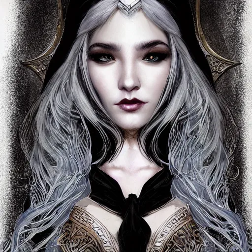 Image similar to elf sorceress character portrait wearing black silk, concept art, intricate details, highly detailed photorealistic portrait in the style of adam hughes, seseon yoon, artgerm and warren louw