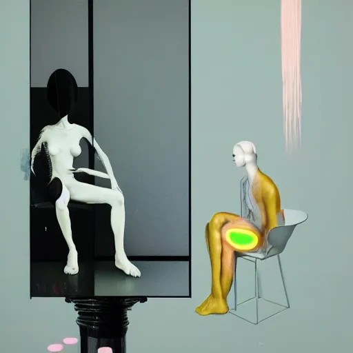 Image similar to portrait of a morphed gamer sitting on a stool looking into a mirror doing makeup by james jean and luc tuymans and beeple and hernan bas and pat steir and hilma af klint, psychological, 3 d, dripping paint, monochrome, high quality render, masterpiece