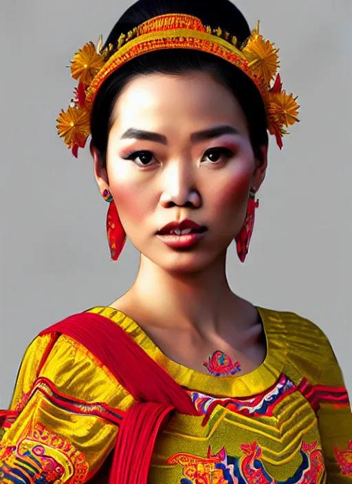 Image similar to photo of a gorgeous lao woman wearing a traditional laos dress in the style of stefan kostic, realistic, sharp focus, 8 k high definition, insanely detailed, intricate, elegant, art by stanley lau and artgerm