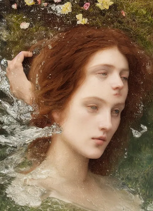 Prompt: portrait photography of a beautiful woman how pre-Raphaelites by Giovanni Gastel britt marling style 3/4with her eyes closed,inspired by Ophelia Millais Paint , the face emerges from water of Pamukkale, underwater face, the hair are intricate with highly detailed realistic beautiful brunches and flowers like crown, anatomical real full body dressed ethereal lace dress floating in water surface , Kodak Portra 400, 8K, soft light, volumetric lighting, highly detailed, britt marling style 3/4 ,, Refined, Highly Detailed, outdoor soft pastel lighting colors scheme, outdoor fine art photography, Hyper realistic, photo realistic