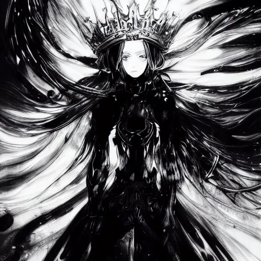 Prompt: yoji shinkawa blurred and dreamy illustration of an anime girl with black eyes, wavy white hair fluttering in the wind wearing elden ring armor and crown with engraving, abstract black and white patterns on the background, art by yoshitaka amano, noisy film grain effect, highly detailed, renaissance oil painting, weird portrait angle, blurred lost edges, three quarter view