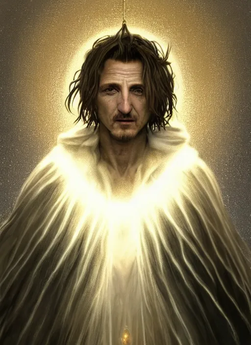 Prompt: Portrait of Sean Penn, white glowing eyes, silver shaggy hair, cloak, ethereal wings, male, fantasy, extremely detailed, digital painting, artstation, concept art, smooth, sharp focus, illustration, stunning lighting, art by artgerm and alphonse mucha and simon stalenhag, realistic character concept, high fantasy, light atmosphere, golden ratio, cinematic lighting, hyperdetailed, high resolution, insanely detailed and intricate, Marc Simonetti, Greg Rutkowski, 8k