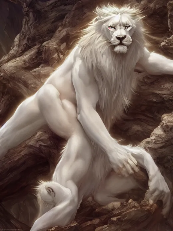 Image similar to muscular male albino anthropomorphic anthro furry white lion summoner with a fire elemental, fantasy, man, intricate, elegant, highly detailed, digital painting, artstation, concept art, wallpaper, smooth, sharp focus, illustration, art by artgerm and greg rutkowski and alphonse mucha