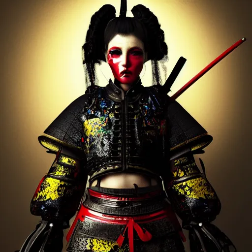 Prompt: photorealistic portrait of a fighting, beautiful, arrogant, female samurai warrior, goth punk, vibrant yellow, red, blue, colors, surreal, a french baroque by by alexander mcqueen, octane render, hyper detailed, cinematic lighting