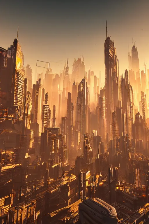 Image similar to cyberpunk cityscape with tall buildings at dusk golden hour orange cinematic lighting, epic composition. A golden daylight, hyper-realistic environment. Hyper and intricate detail, photo-realistic. Cinematic and volumetric light. Epic concept art. Octane render and Unreal Engine, trending on artstation