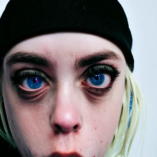 Prompt: fish eye camera photo of billie Eilish doing a funny face, extreme extreme close-up