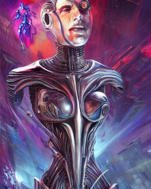 Image similar to cyberpunk superhero, by antonio j. manzanedo, giger, alex grey, android jones, wayne barlowe, philippe druillet, raymond swanland, cyril rolando, josephine wall, harumi hironaka, trending on artstation