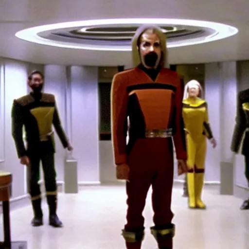 Prompt: a Klingon standing in a Star Trek Federation hallway