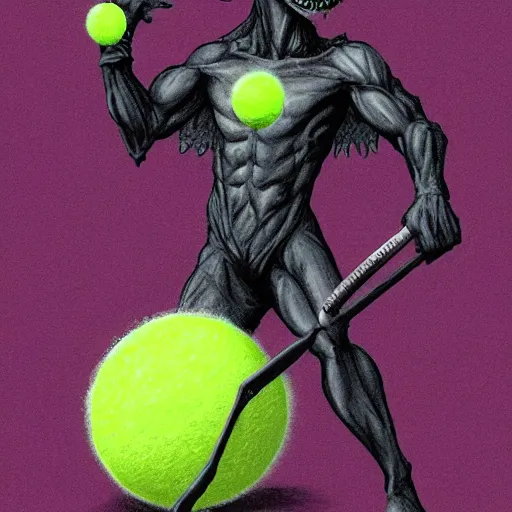 Image similar to a tennis ball monster, tennis ball, dark, chalky, gargoyle, digital art, fantasy, magic, trending on artstation, ultra detailed, professional illustration by Basil Gogos