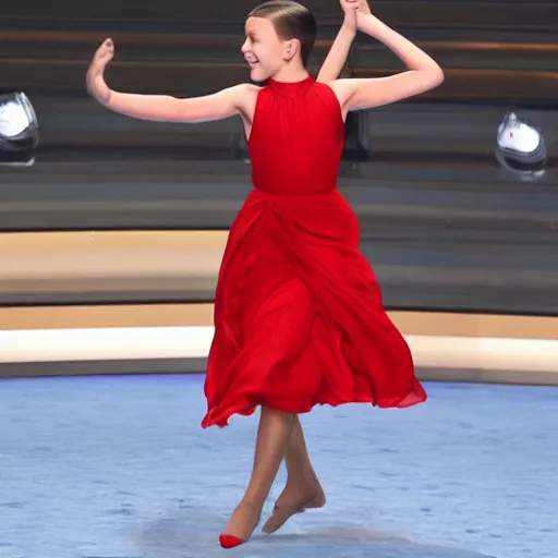 Prompt: Millie bobby brown dancing in a red dress