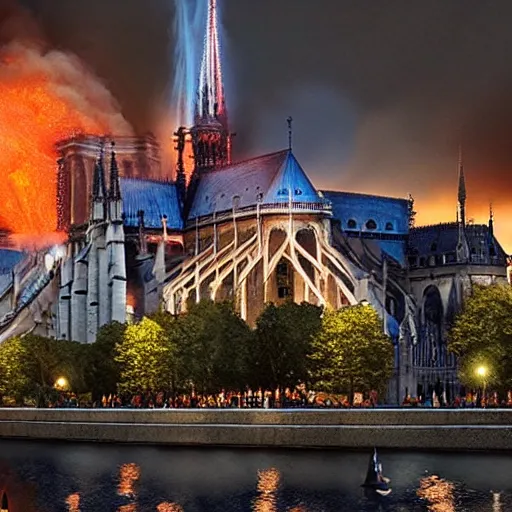 Image similar to “minions laughing as the Notre dame burns behind them, 4k, digital art, award winning”