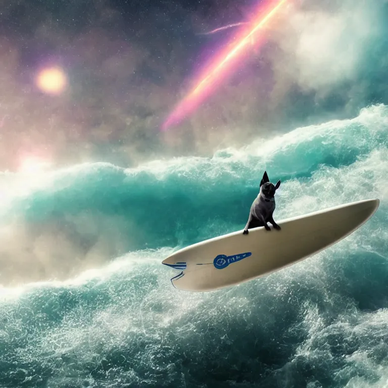 Prompt: photo of a gray coat pit bull with white paws, surfing on a surfboard in a crashing wave of alien ocean in space, background is an alien galaxy, aliens in the background, alien colors, octane render, unreal engine, wide view, 8 k, high detaild