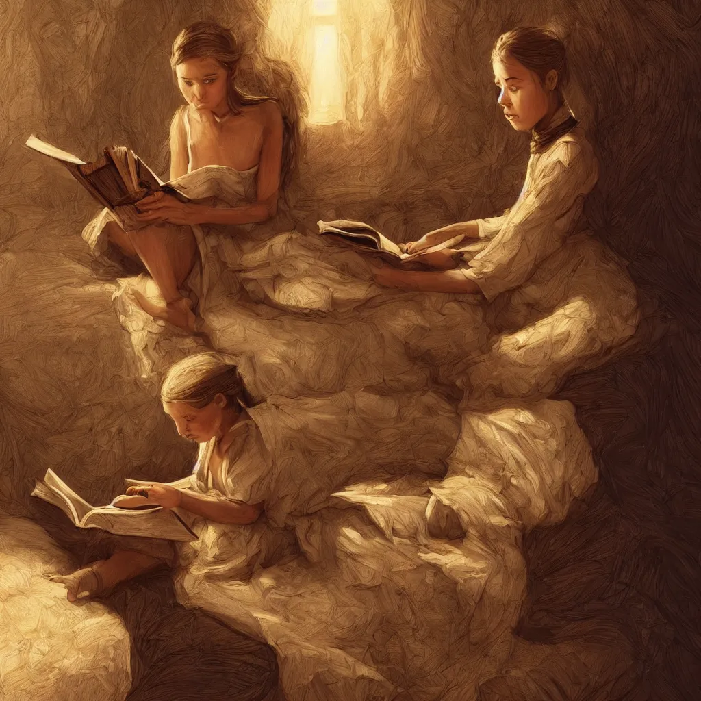 Image similar to village girl reading a book, cinematic, intricate, elegant, highly detailed, digital painting, artstation, concept art, smooth, sharp, focus, illustration, art by artgerm and Johfra Bosschart