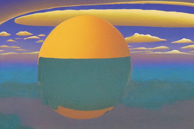 Image similar to a giant ((((metallic)))) floating sphere covered in canadian colorful aboriginal patterns!! hovering above a Yukon lake, (painted by Ralph McQuarrie), matte painting, very detailed, 7000 K, concept art