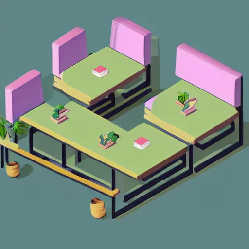 Image similar to isometric cartoon of cannabis leaf cafe. by benoit mandelbrot, low poly minimal desks and chairs design