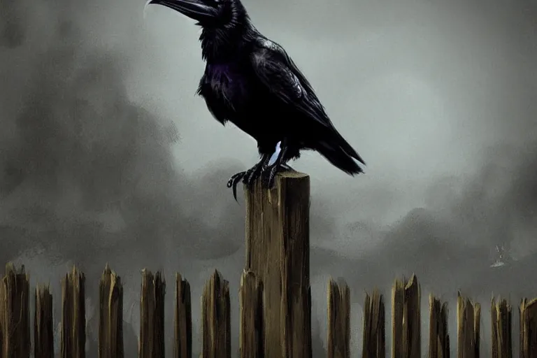 Image similar to a raven sitting on a fence post, grimdark matte fantasy painting, cinematic lighting, DeviantArt Artstation, by Brom and Linda Ravenscroft