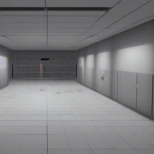 Prompt: holding cells in underground lab, sterile, clean, cinematic, liminal space, unreal engine, in-game screenshot, cctv footage, black and white, blurry
