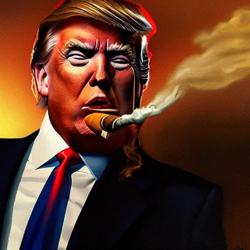 Prompt: donald trump wearing a suit smoking a cigar on his mouth, dramatic lighting, cinematic, establishing shot, extremly high detail, photorealistic, cinematic lighting, artstation, style by James Gurney