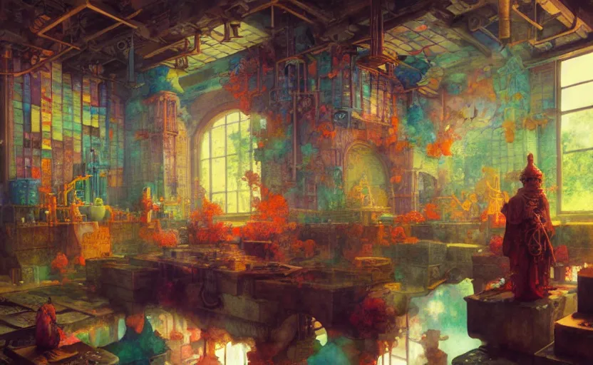 Prompt: alchemy laboratory, fantasy. intricate, amazing composition, colorful watercolor, by ruan jia, by maxfield parrish, by marc simonetti, by hikari shimoda, by robert hubert, by zhang kechun, illustration, gloomy