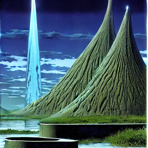 Image similar to 5 0 / 1 scale ominous shale and polished steel fortress half - submerged in the sipsey river, by michael whelan and by angus mcbride and by ted nasmith, ultra hd