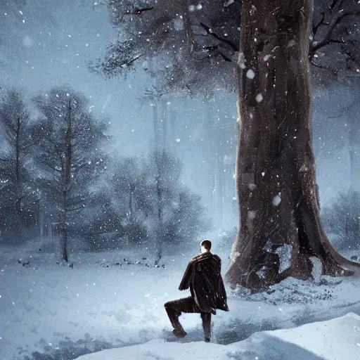 Image similar to a man holding a gun in snow in a couple of trees surrounding the man head view by greg rutkowski