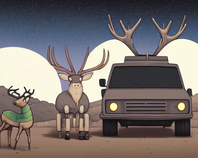 Prompt: a cell shaded cartoon grey santa + deer robot, with a big head, on a desert road, wide shot, in front of a big moon, muted colors, post grunge, josan gonzales, wlop, by james jean, victor ngai, hq, deviantart, art by artgem