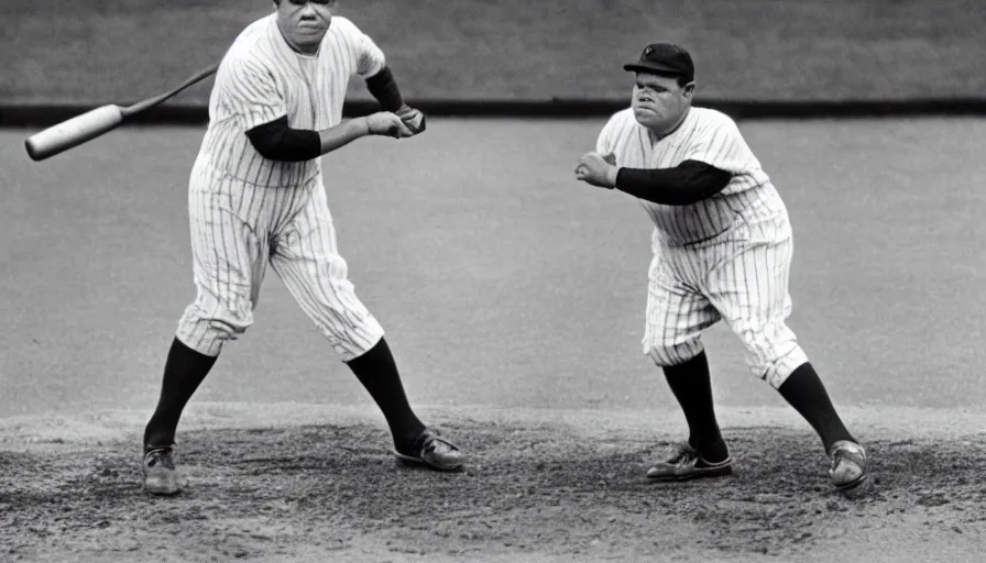 Prompt: babe ruth at bat, playing for 2012 new york yankees on a 4k tv broadcast