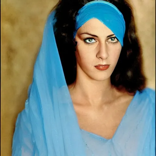 Image similar to young Monica Belluci as an Arab woman, tanned skintone, bright blue eyes, white veil, light blue top portrait