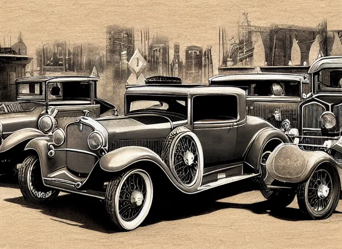 Image similar to 1 9 2 9 cars, lowbrow, matte painting, 3 - d highly detailed, in the style of michael irvine,