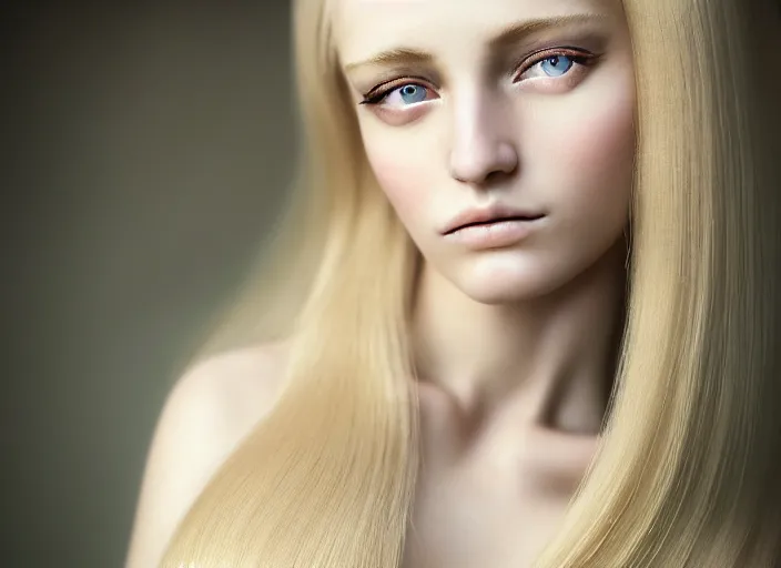Image similar to portrait photography of a beautiful woman how Botticelli beauty type in style of Giovanni Gastel, britt marling style 3/4 , natural color skin, realistic detailed eyes, long blond hair are intricate with intricate ornamental hairstyle, a beautiful ethereal transparent dress, 8K, soft focus, melanchonic soft light, volumetric lighting, highly detailed Realistic, Refined, Highly Detailed, natural sunset outdoor soft pastel lighting colors scheme, soft blur outdoor lighting, fine art fashion photography
