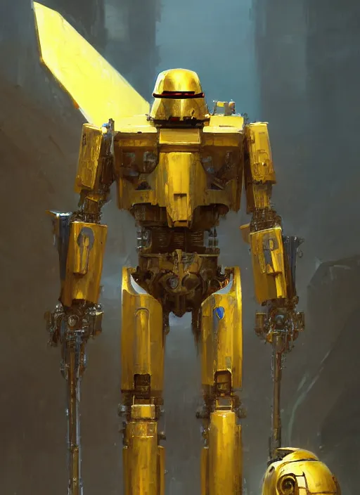 Image similar to human-sized strong intricate yellow pit droid carrying beautiful paladin greatsword and beautiful large paladin shield, pancake short large head, exposed metal bones, painterly humanoid mecha, by Greg Rutkowski