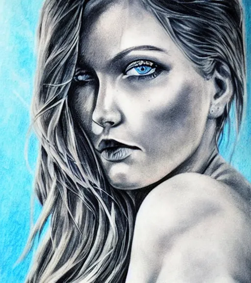 Image similar to tattoo design sketch of a beautiful blue - eyed woman face with a faded background of beautiful mountains and nature on her side, hyper - realistic, in the style of den yakovlev, amazing detail, black and white