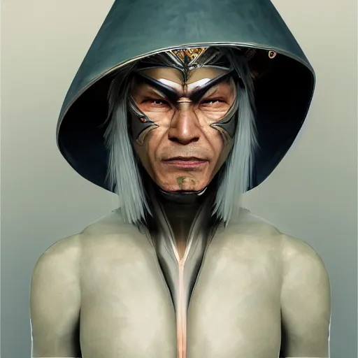 Image similar to highly detailed hybrid of raiden from mortal kombat, and raiden from metal gear solid wearing an asian conical hat. vfx portrait, stephen bliss, unreal engine, greg rutkowski, alphonse mucha, beeple global illumination, translucent, sub - surface scattering, detailed and intricate environment