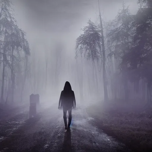 Prompt: spectres in the enchanted forest covered by foggy clouds of mist haul at the lone traveller of the roads, twilight, dreamy sequence, macabre spectacle, skeletal figures, curious, solitude, uneasy, octane, unreal 5, cinematic, 8 k uhd, intricate detail, hyperrealist, sharp, photoshop, polished, edited