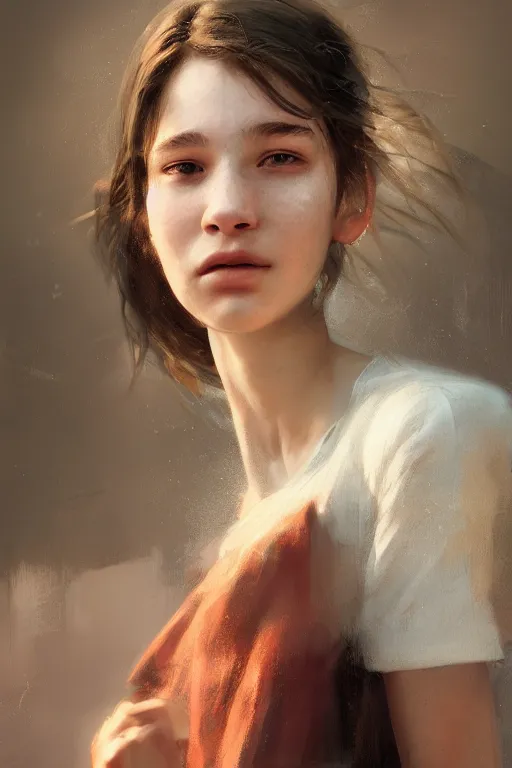 Image similar to teenage girl, joyful, close - up portrait, intricate, elegant, volumetric lighting, scenery, digital painting, highly detailed, artstation, sharp focus, illustration, concept art, ruan jia, steve mccurry