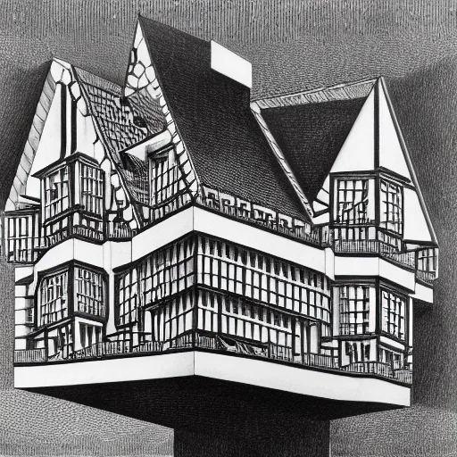 Image similar to impossible penrose house by M.C. Escher, painting with intricate details, black and white