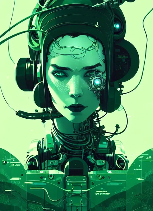 Prompt: highly detailed portrait of a biopunk cyborg long wavy dark hair tribal lady, stray wiring by atey ghailan, james gilleard, by joe fenton, by greg rutkowski, by greg tocchini, by kaethe butcher, 4 k resolution, gradient green, black and white color scheme!!! ( ( forested robotic dense jungle background ) )