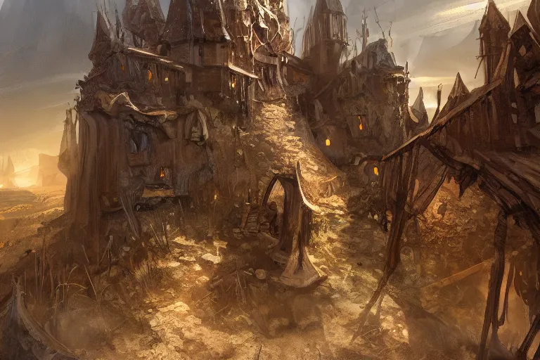 Image similar to A rough medieval settlement, iron ,iron, iron, fantasy, D&D, concept art, sharp focus, trending on artstation, digital painting, midday, sunny, beautiful