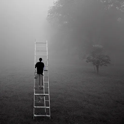 Image similar to a hand holding a step ladder emerges from the mist