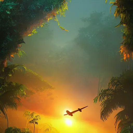 Image similar to a crashed plane in a jungle!, mist, tropical trees, vines, birds, sunset!, fluffy clouds, warm colors, beautiful lighting, digital art, intricate details, trending on artstation